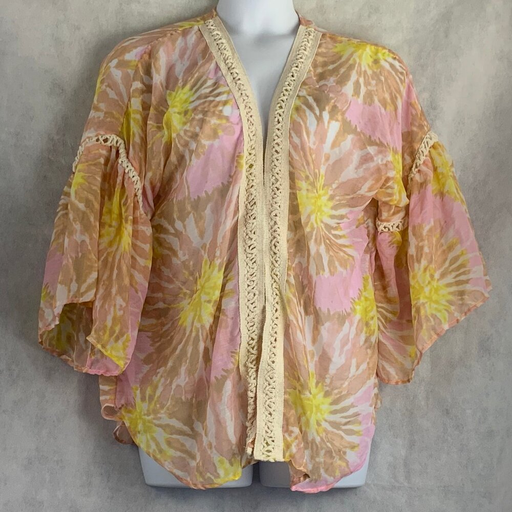 Steve Madden Women's Crochet-Trim Tie-Dyed Kimono, Pink Multi, One Size